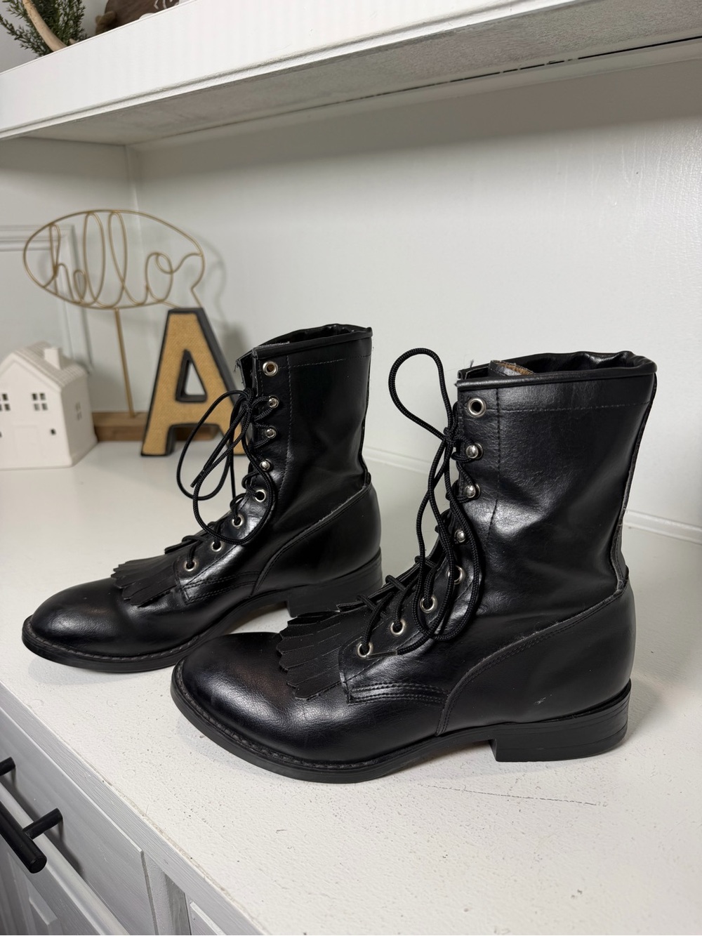 Vintage Bronco Womens 7.5 Black Leather Lace Up Kiltie Western Boots USA